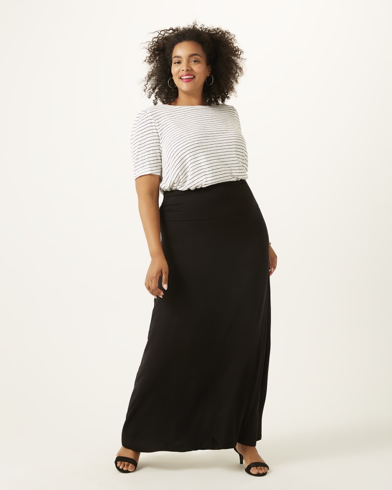 Plus size model with hourglass body shape wearing Adriatic Ruched Foldover Maxi Skirt by Molly&Isadora | Dia&Co | dia_product_style_image_id:163818